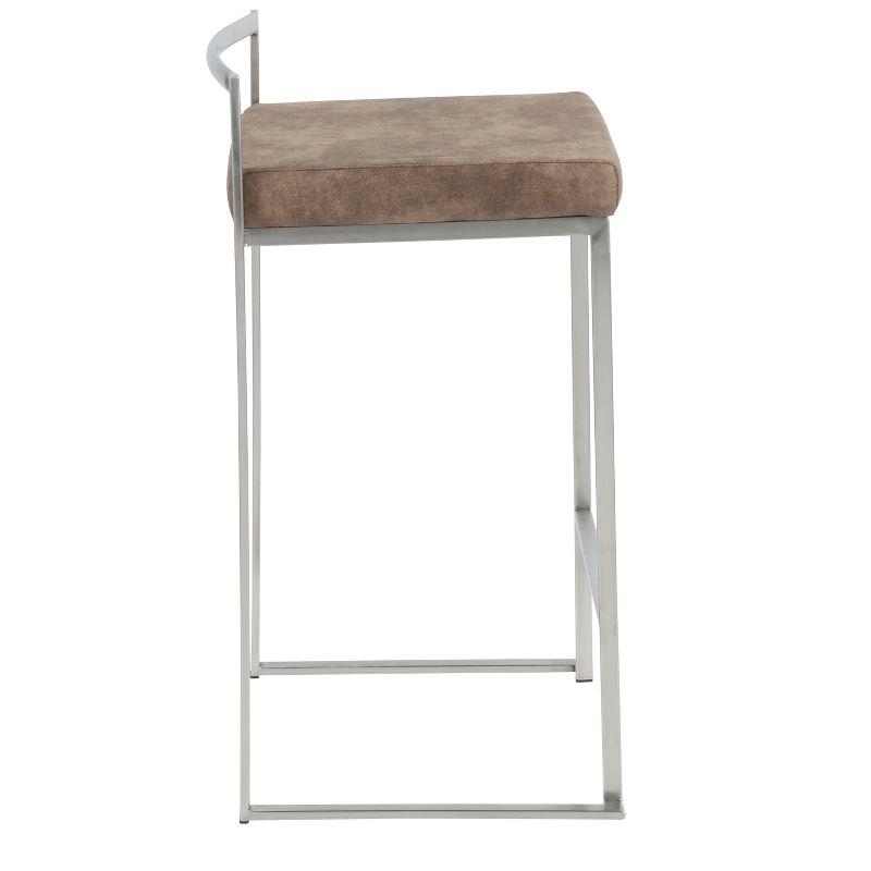 LumiSource Set of 2 26" Fuji Contemporary Stackable Counter Height Barstool Stainless Steel with Brown Cowboy Fabric Cushion: Upholstered