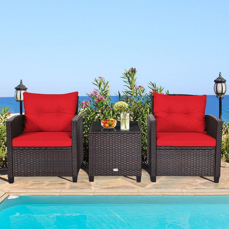 Tangkula 3PCS Wicker Cushioned Conversation Set Outdoor Rattan Furniture w/Red Cushions