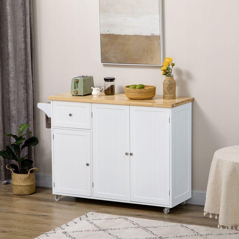 White Wood Rolling Kitchen Cart with Butcher Block Top and Storage