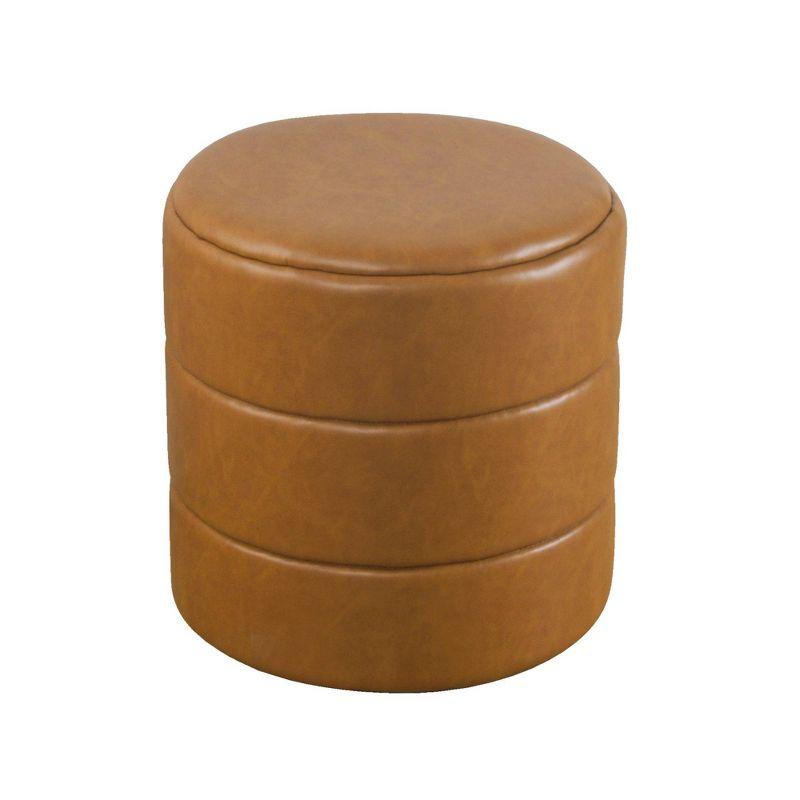 Round Upholstered Ottoman Caramel Faux Leather - HomePop: Channel Tufted, No Assembly Required