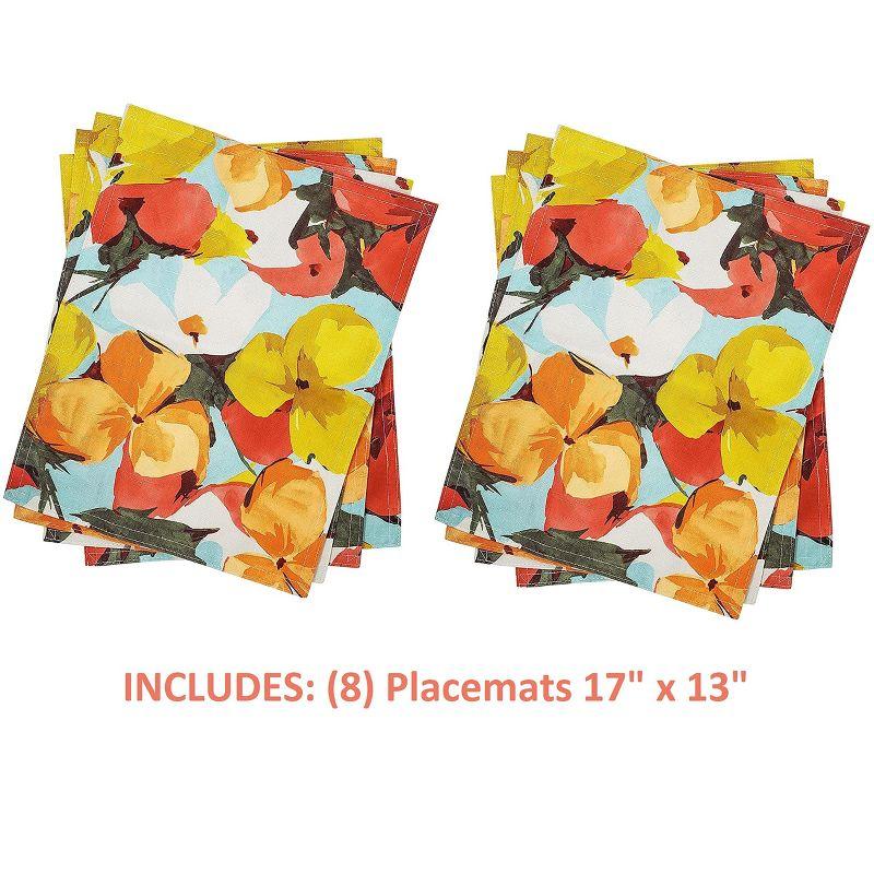 KOVOT Floral Placemat Set of 8 for Indoor or Outdoor Dining | Summer Spring Fall Flower Design 17" x 13" Table Decor | Orange/Yellow