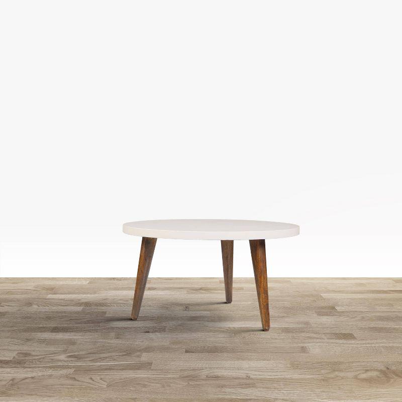 The Urban Port 24" Modern Coffee Table Round Off White Top Tapered Brown Mango Wood Legs Brown/White