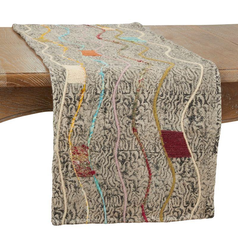 Gray Abstract Embroidered Cotton Table Runner, 16" x 72"