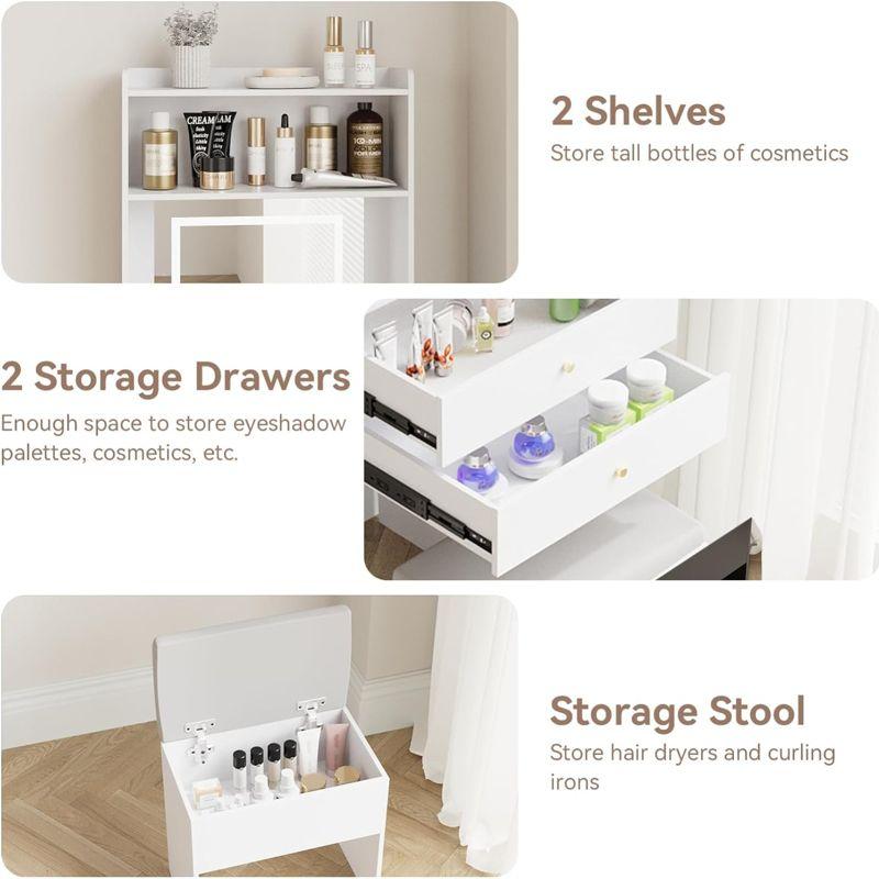 White Small Vanity Desk Set with Mirror and Lights Makeup Table with Drawer, Storage Chair, and Fold-up Panel for Small Space Bedroom