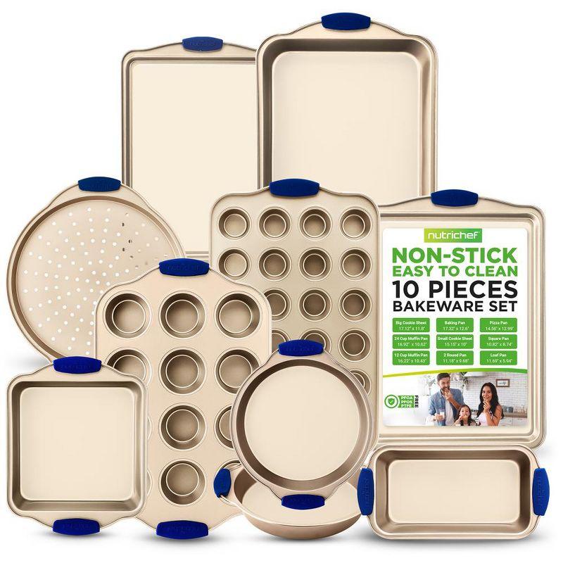 NutriChef 10-Piece Nonstick Bakeware Set with Blue Silicone Handles - Gold Coating