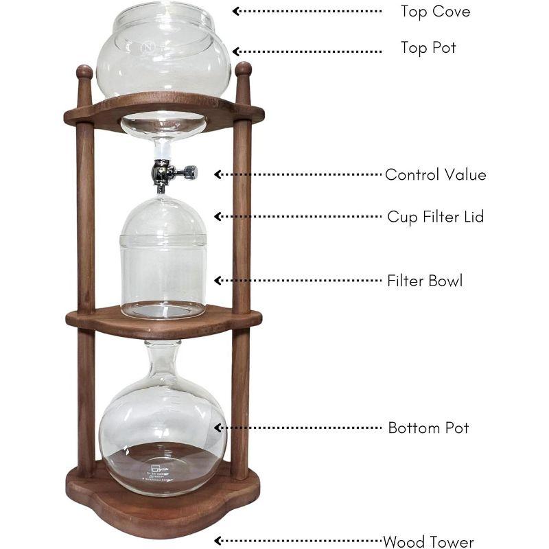 Nispira Cold Brew coffee Maker Ice Coffee Drip Machine with Advanced Slow Drip Technology Borosilicate Glass with Wood Tower, 6-8 Cup, Brown