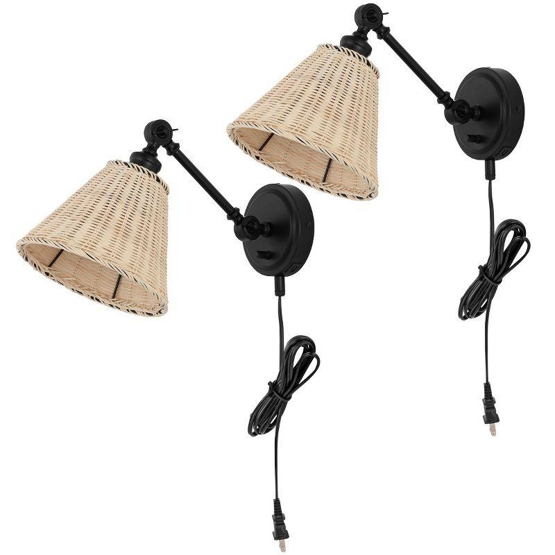 Oswynn Adjustable Black Metal and Natural Rattan Wall Sconce, Set of 2