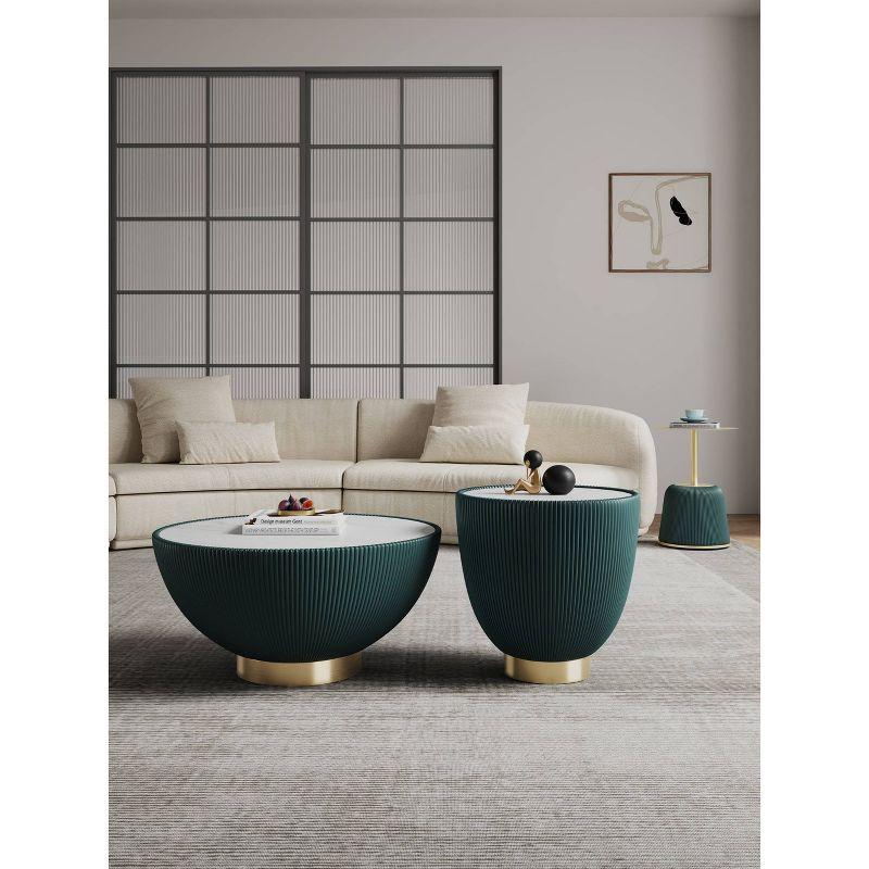 Manhattan Comfort 3pc Anderson Leatherette Upholstered Coffee Table and End Table Set Green: Gold Finish, Round, No Assembly Required