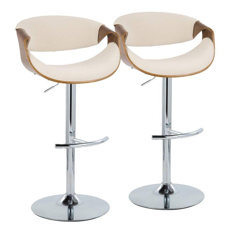 Beige Adjustable Swivel Barstool with Walnut Armrests and Chrome Footrest