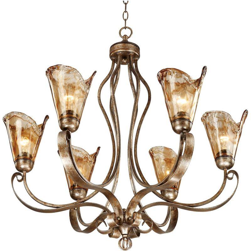 Franklin Iron Works Amber Scroll Golden Bronze Large Chandelier 31 1/2" Wide Rustic Art Glass 6-Light Fixture for Dining Room House Kitchen Island