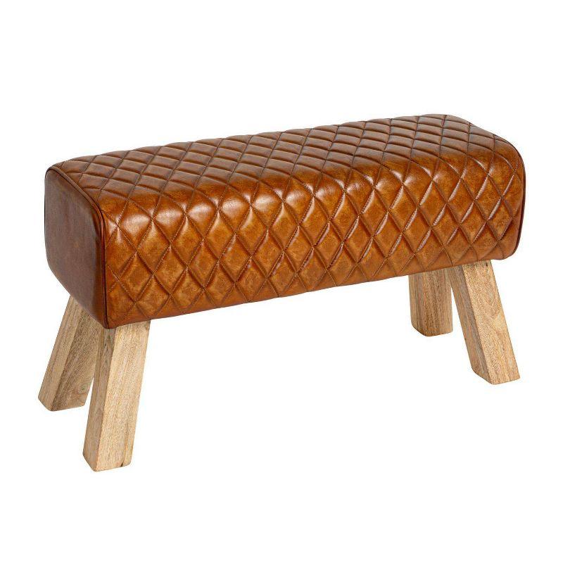 Brown Stitched Leather Upholstered Bench with Mango Wood Frame