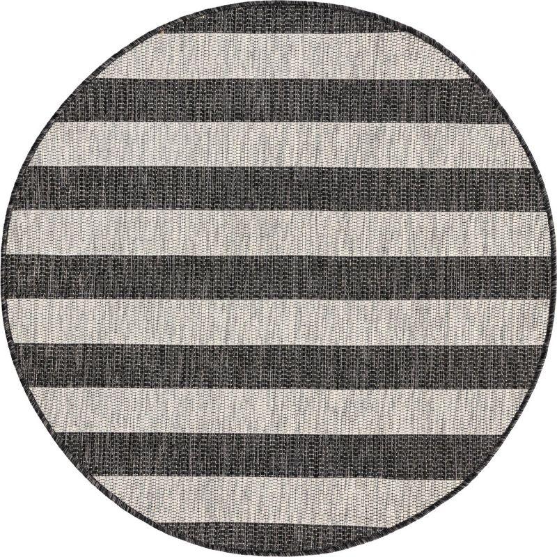 Round Gray and Black Striped Outdoor Rug