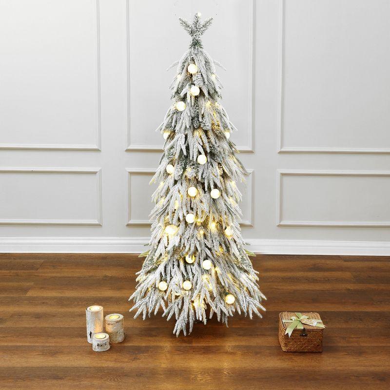 LuxenHome 4.5Ft Pre-Lit Snow Flocked Slender Fir Artificial Christmas Tree Green