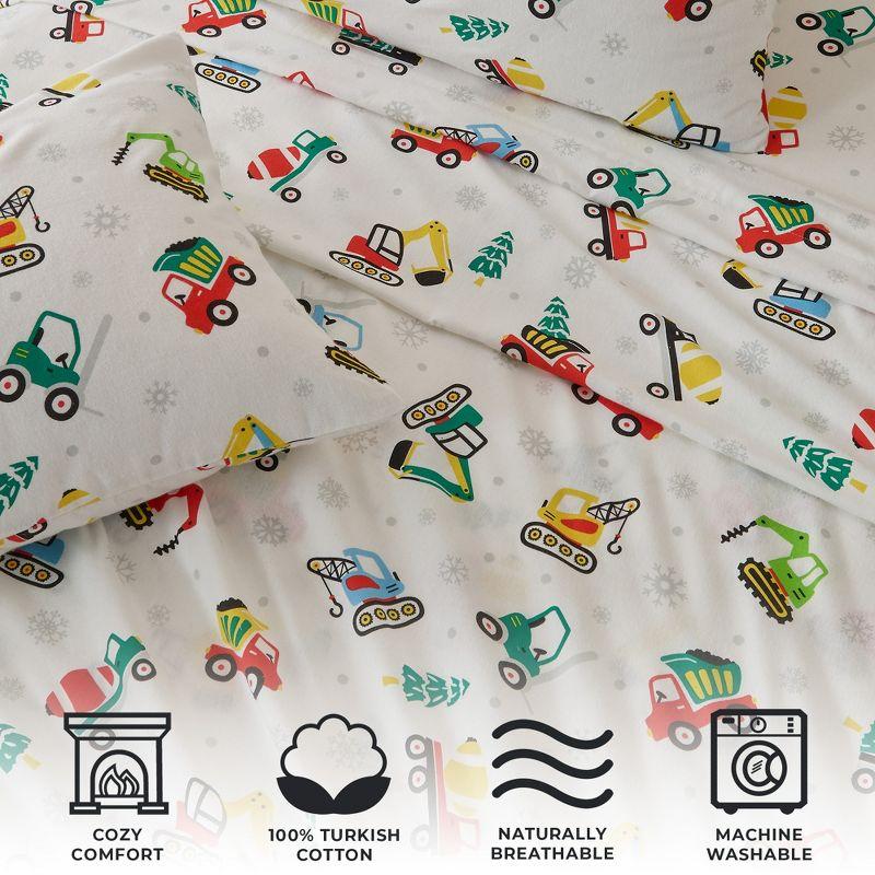 100% Cotton Christmas Flannel Sheets - Great Bay Home (Twin, Christmas Toy Trucks)