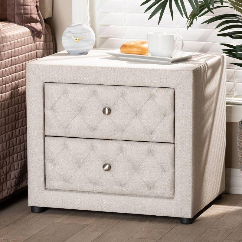 2 Drawer Lepine Wood Nightstand Beige - Baxton Studio: Upholstered, Tufted, Silver Knobs, Assembly Required