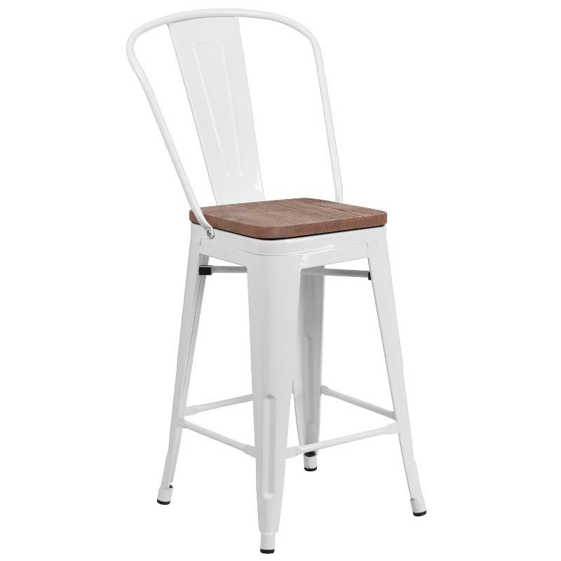 White Metal and Wood Counter Bar Stool, 25" Tall