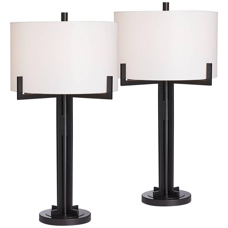 Set of 2 Black Metal Industrial Table Lamps with White Shades