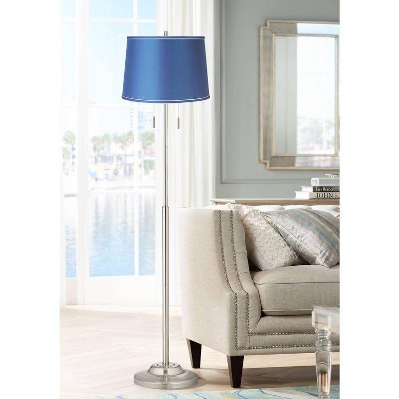 360 Lighting Abba Modern Floor Lamp Standing 66" Tall Brushed Nickel Metal Blue Satin Fabric Drum Shade for Living Room Bedroom Office House Home