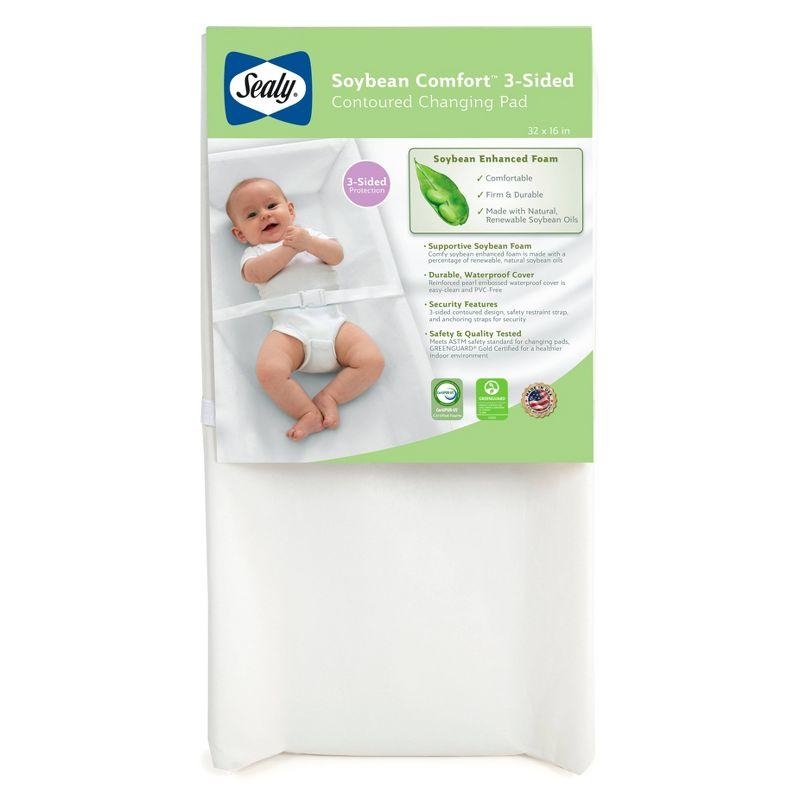 Sealy Baby Sealy Baby Soybean Comfort 3-Sided Waterproof Contoured Baby Diaper Changing Pad for Dresser or Changing Table, Baby Changing Pad - White, 32” x 16”