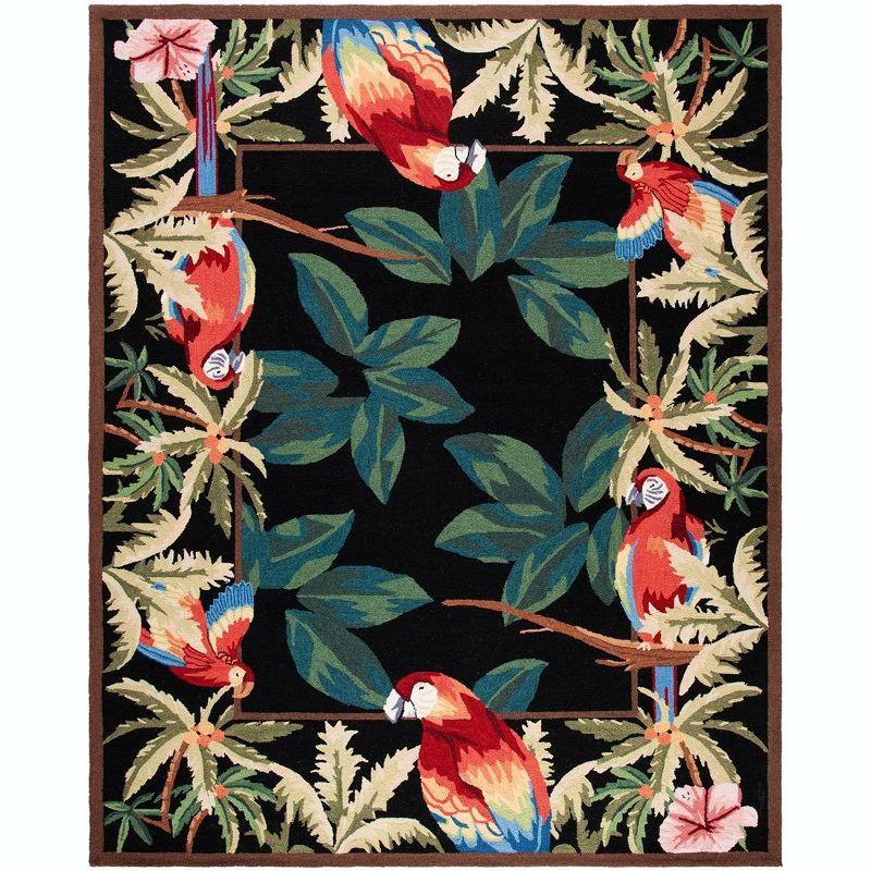 Handmade Black Floral Wool Area Rug with Parrot Design