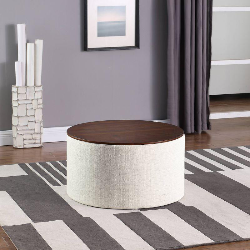 Modern Cream Woven Storage Ottoman with Dark Walnut Wood Top 31"