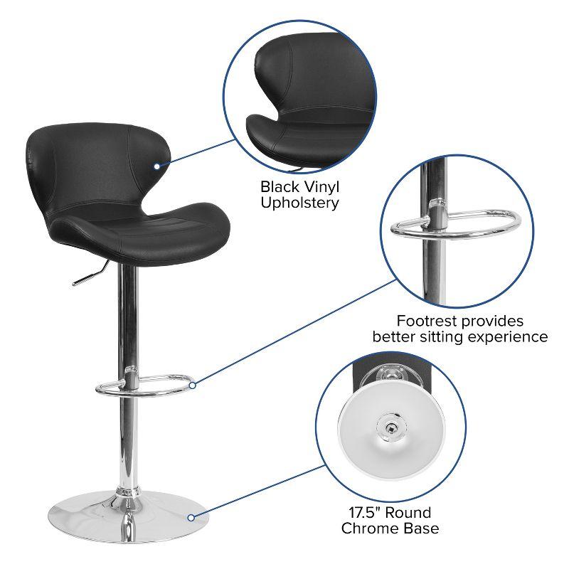 Sleek Curvaceous Black Vinyl Adjustable Swivel Barstool with Chrome Base