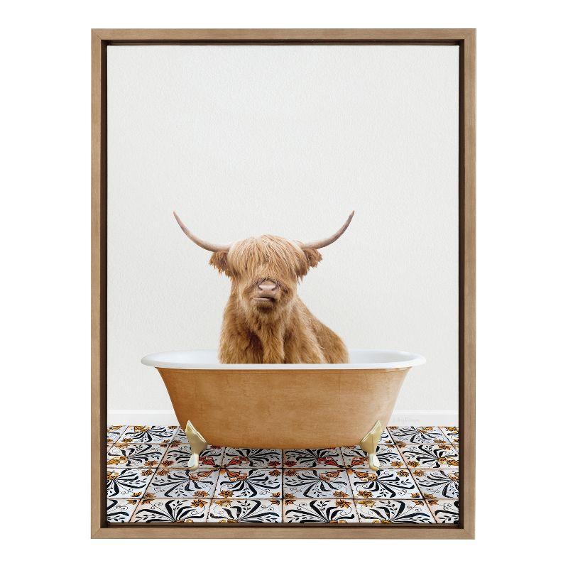 Kate and Laurel Sylvie Highland Cow In Mediterranean Bath Framed Canvas by Amy Peterson Art Studio