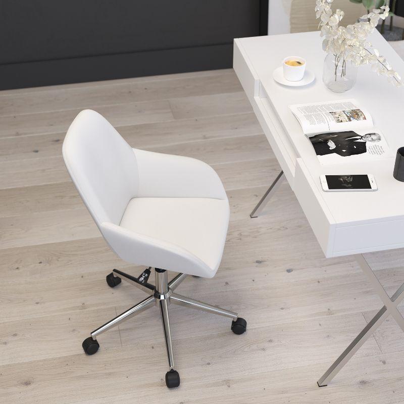 Merrick Lane Home Office Bucket Style Chair with White Faux Leather Upholstery and 360 Degree Rotating Swivel On Chrome Frame