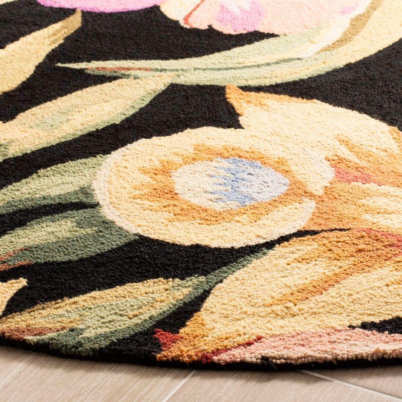 Handmade Black Floral Wool Cotton Round Area Rug