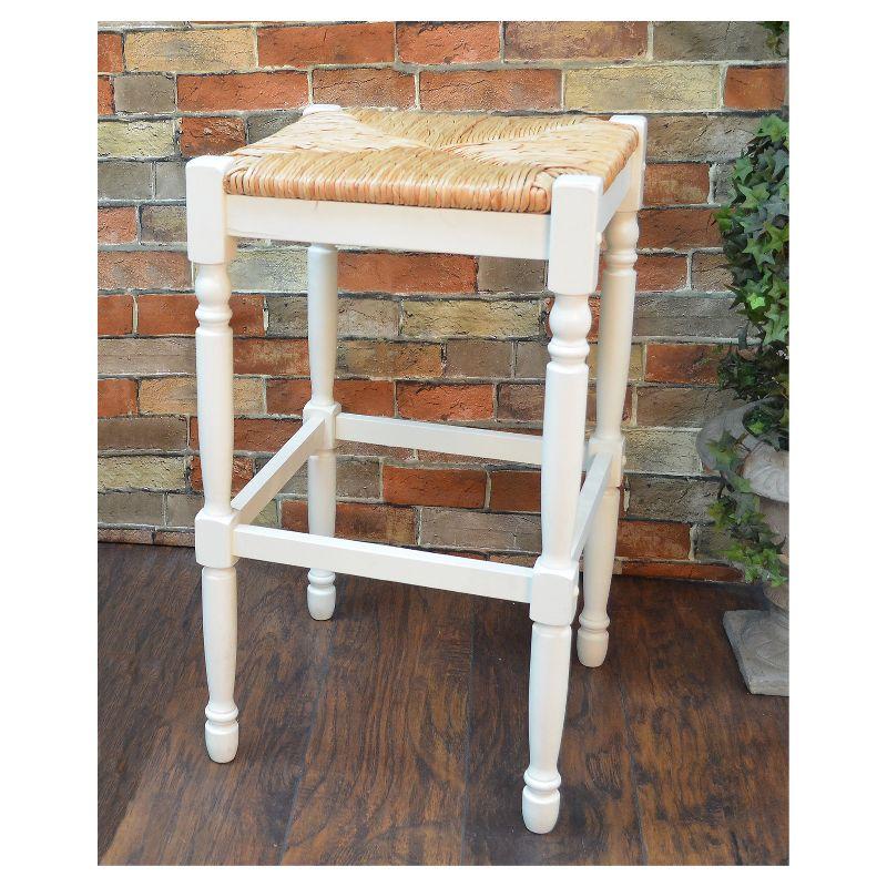 Carolina Cottage Hawthorne 24" Counter Stool with Woven Rush Seat - Vintage Hardwood Legs, Hand Finish Backless Stool (Antique White)