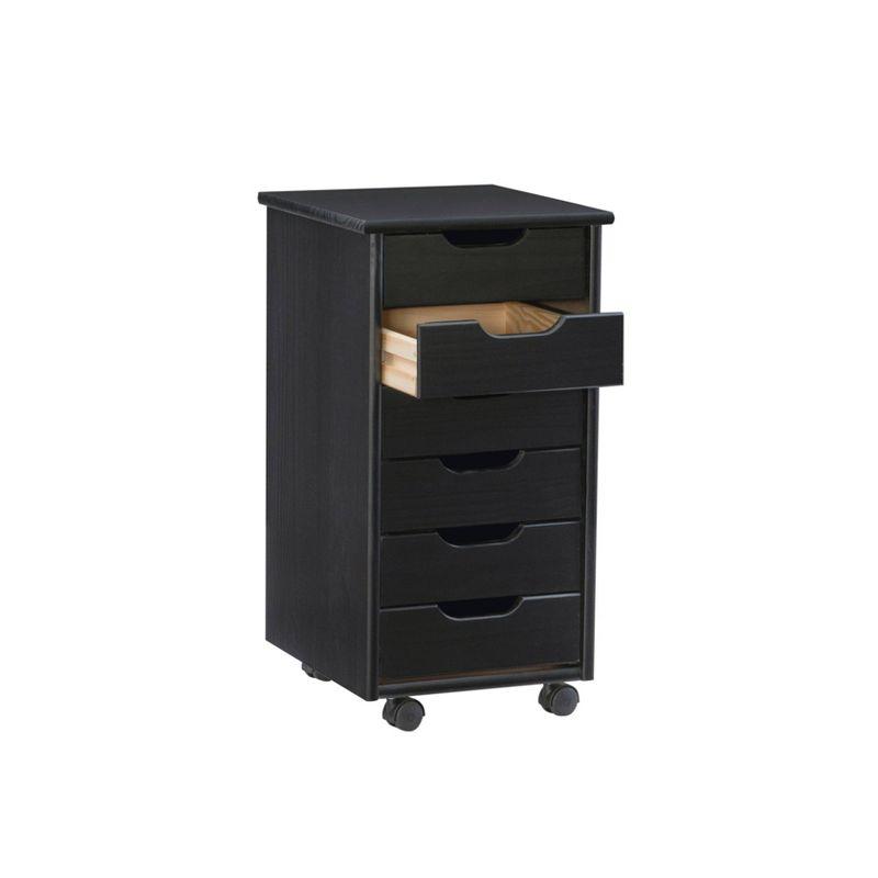 Cary Black Pine Wood Six Drawer Rolling Storage Cart