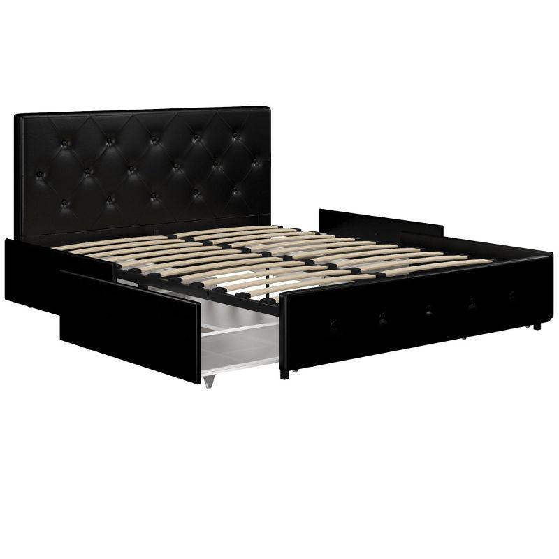 DHP Dakota Upholstered Bed with Storage Drawers, Black Faux Leather, Queen