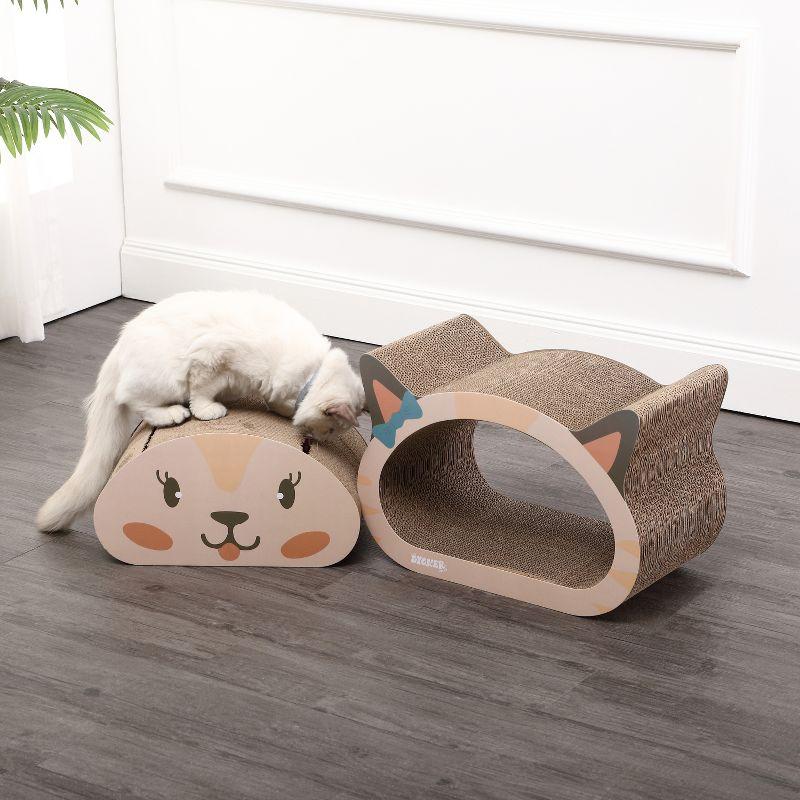 Opal 19" Modern Cardboard Happy Cat Head 2-in-1 Cat Cave Scratcher with Built-In Bell Toys and Catnip, Cream/Peach