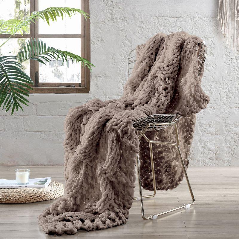 Beige Chunky Knit Reversible Throw Blanket