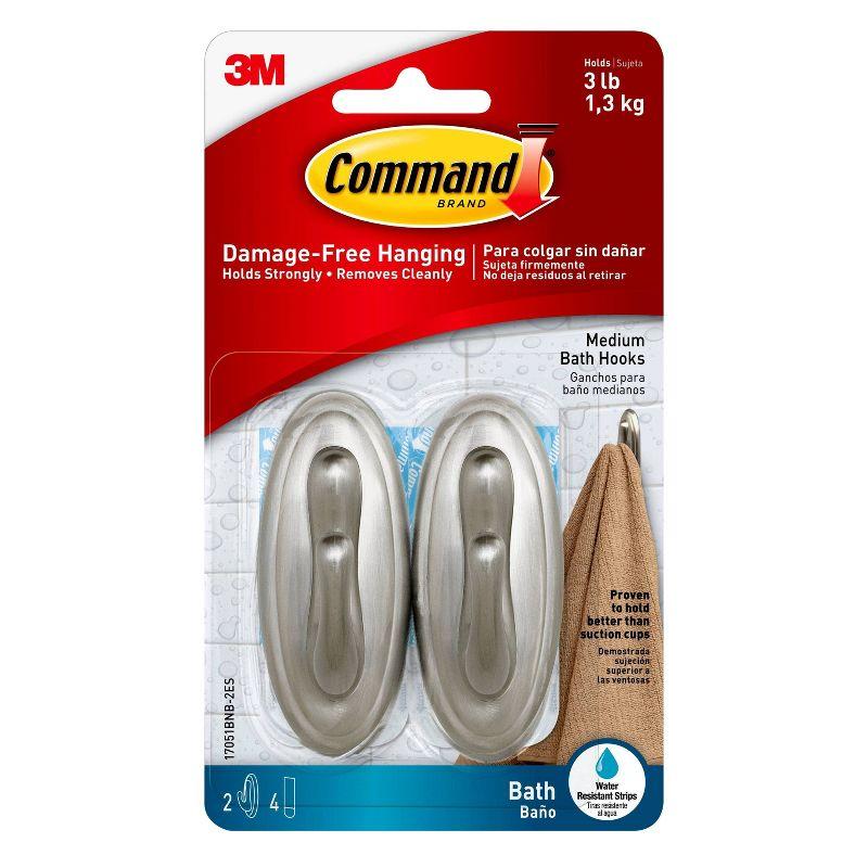 Command 2 Hooks 4 Strips Medium Sized Traditional Hooks with Water Resistant Strips Nickel: Bathroom Towel & Curtain Rod Hooks