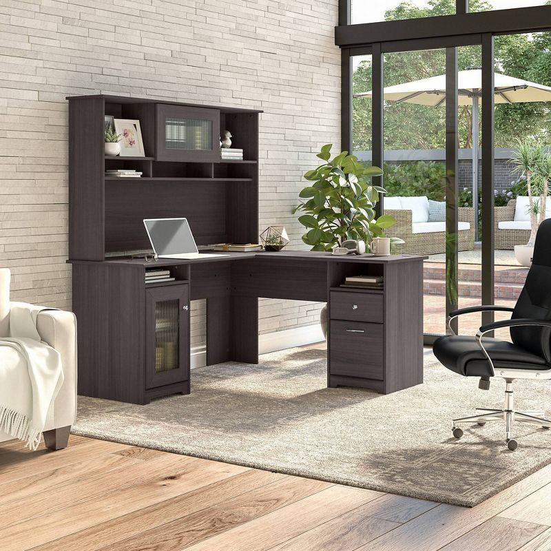 Heather Gray L-Shaped Wood Computer Desk with Hutch and Drawers