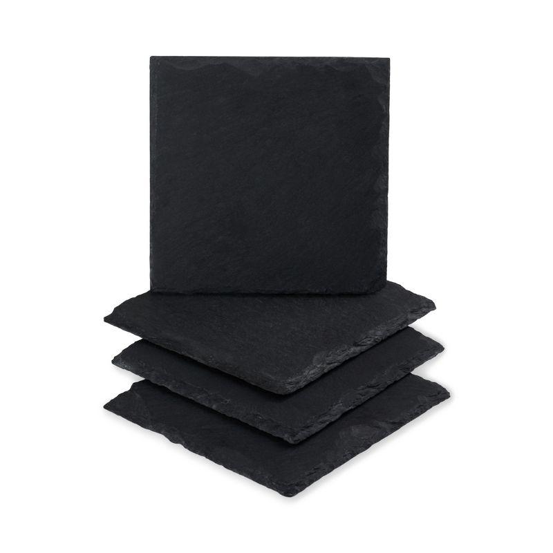 Twine Square Slate Coasters, Modern Square Coasters, Slate with Velvet Backing, Protect Tables and Surfaces, Black, Set of 4