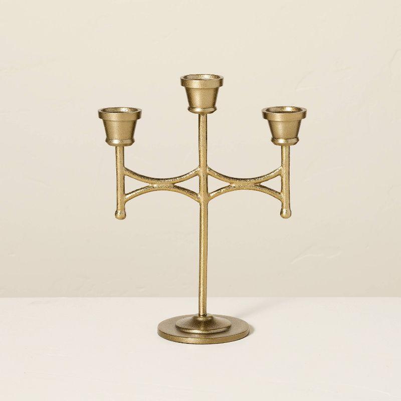 Scalloped Brass 3ct Taper Candelabra Antique Finish - Hearth & Hand™ with Magnolia: Farmhouse Candle Holder Decor