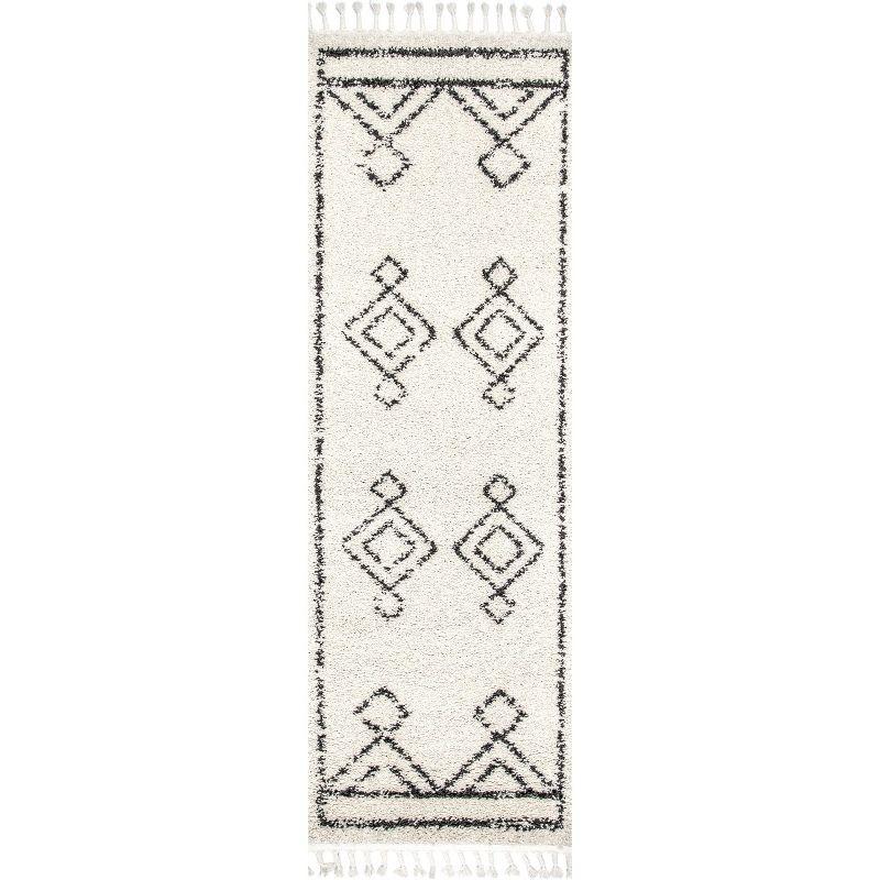 Off-White Moroccan Diamond Tassel Shag Runner Rug