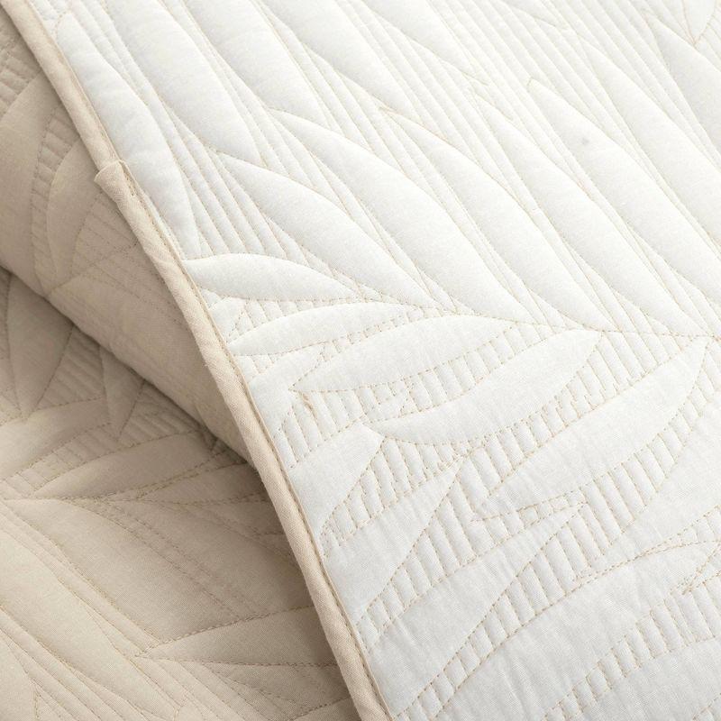 King White Reversible Cotton Quilt Set with Embroidered Leaves