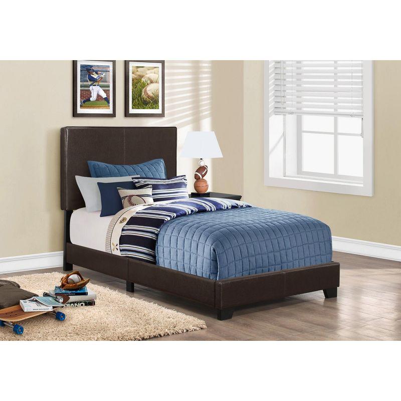 Monarch Specialties Bed Twin Size Platform Bedroom Frame Upholstered Pu Leather Look Wood Legs Brown Transitional