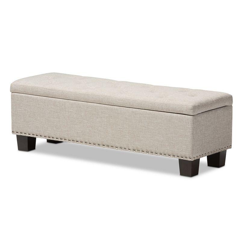 Beige Button-Tufted Storage Ottoman Bench with Silver Nailhead Trim