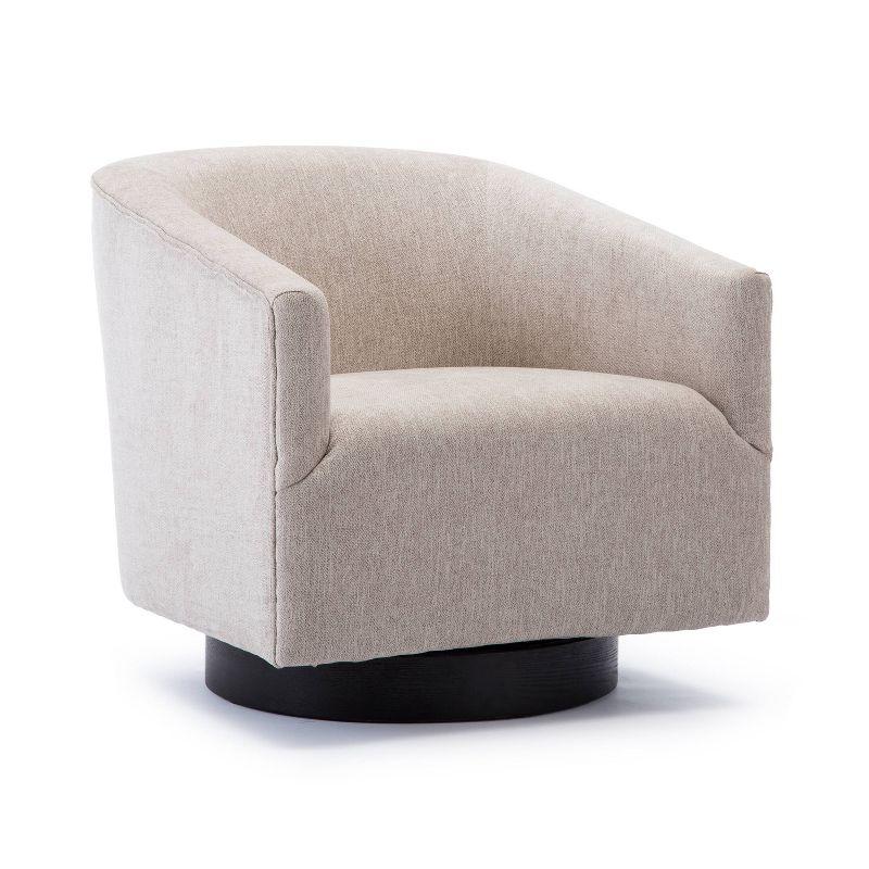 Donovan Oatmeal Fabric and Black Wood Swivel Barrel Chair