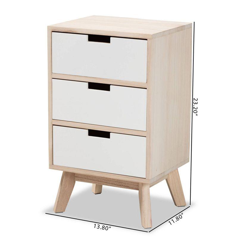 Halian Two-Tone Wood 3 Drawer Nightstand White/Light Brown - Baxton Studio: Scandinavian Style, MDF & Paulownia Frame