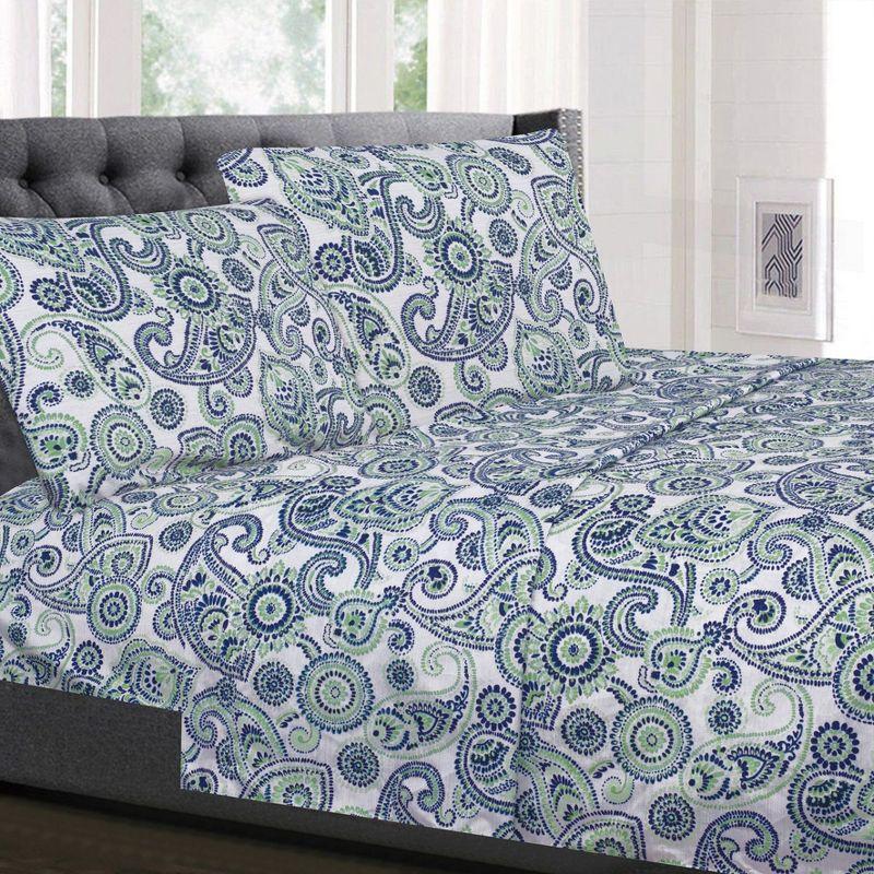 Queen Green Blue Paisley Cotton Microfiber Deep Pocket Sheet Set