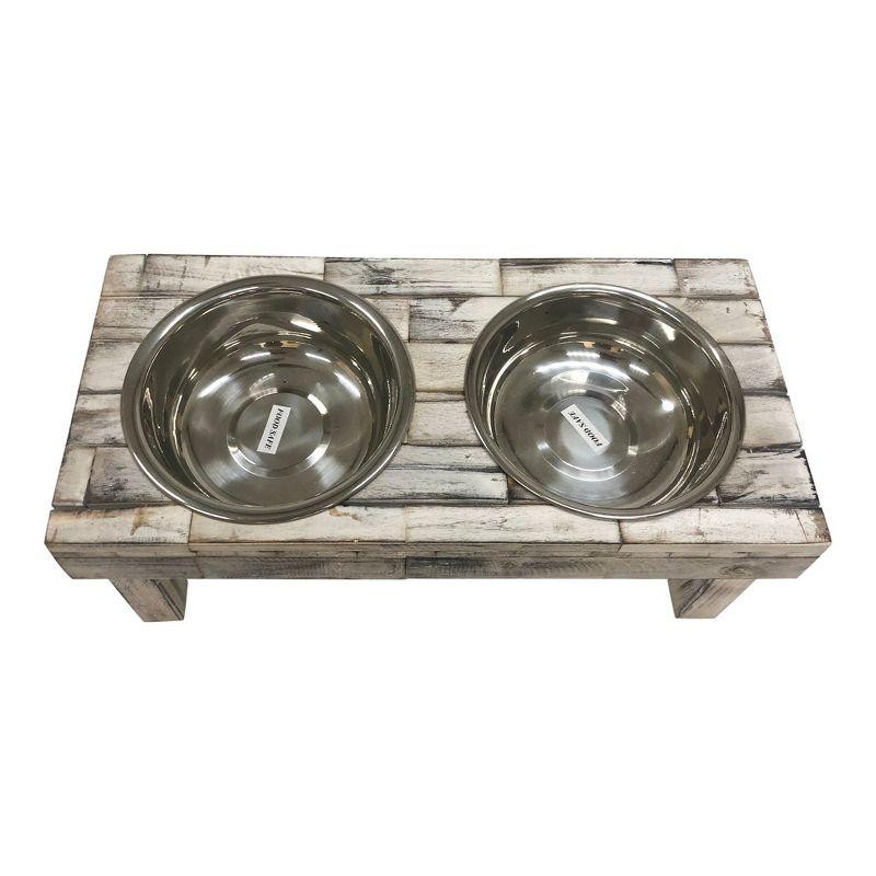 Huntley Pet Berjen Table Elevated Double Bowl Pet Feeder, Brown Wash (Large)