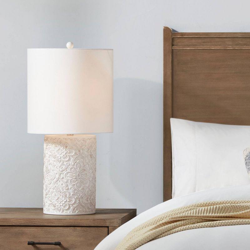 Ink+Ivy Ashbourne Embossed Floral Resin Table Lamp (Includes LED Light Bulb) Ivory : Elegant Nightstand & Decorative Cylinder Shade