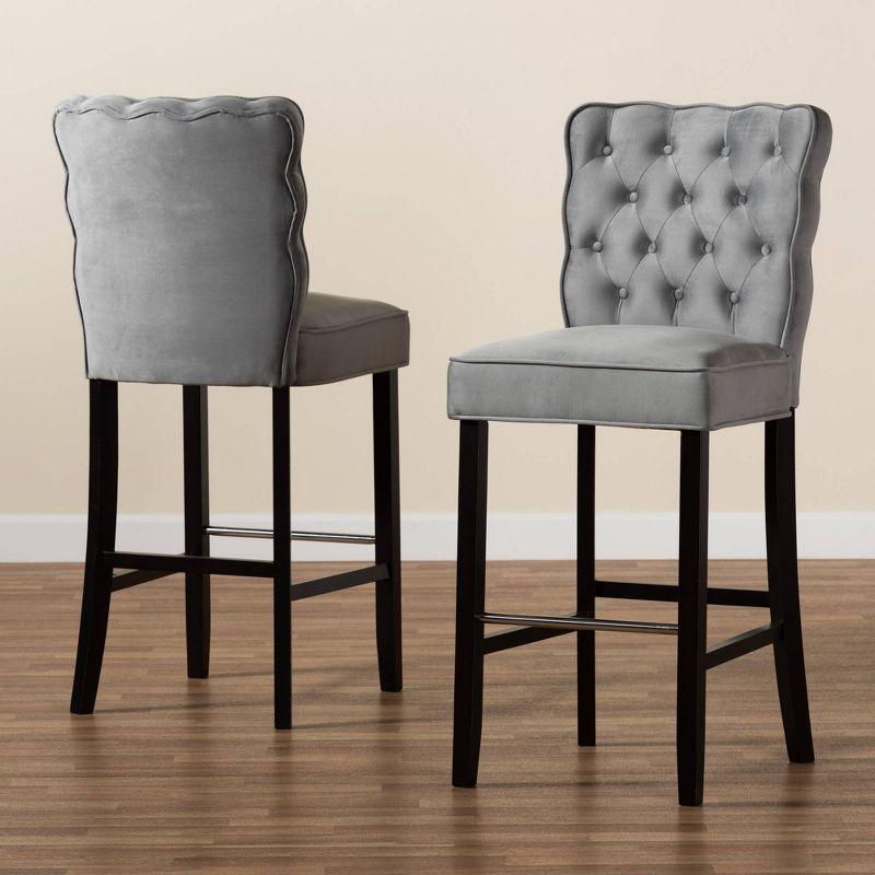 2pc Daphne Velvet Fabric Upholstered and Wood Counter Height Barstool Set Gray/Brown - Baxton Studio: Elegant Tufted Design, Silver-Tone Footrest