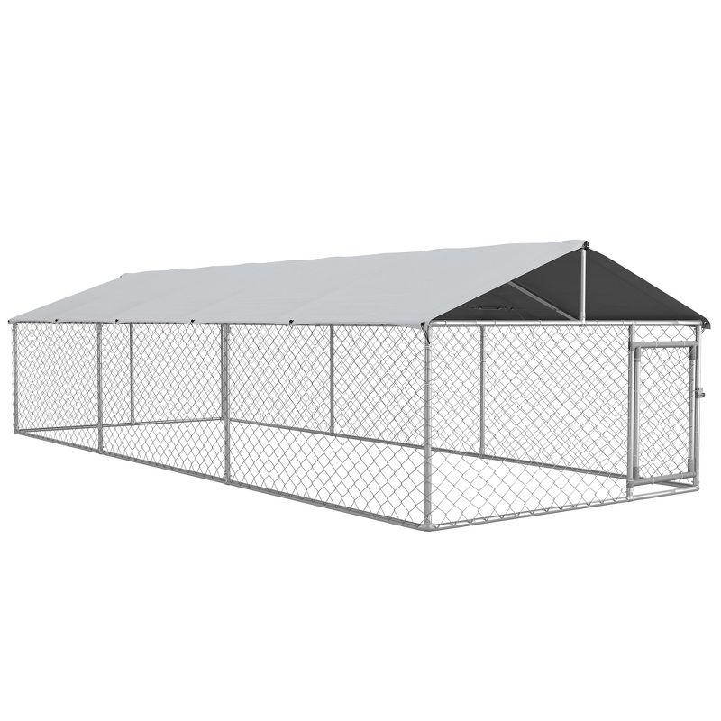 PawHut Dog Kennel, Outdoor Dog Run with Waterproof, UV Resistant Roof for Large-Sized Dogs, Silver