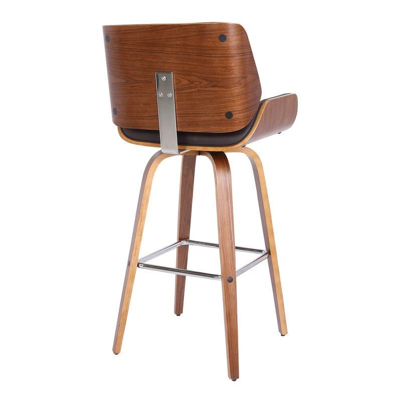 26" Armen Living Tyler Swivel Counter Barstool: Walnut Frame, Chrome Footrest, Faux Leather